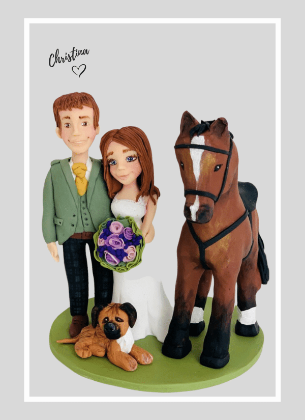 Wedding couple and pet dog and horse handmade clay figurines for wedding cake topper