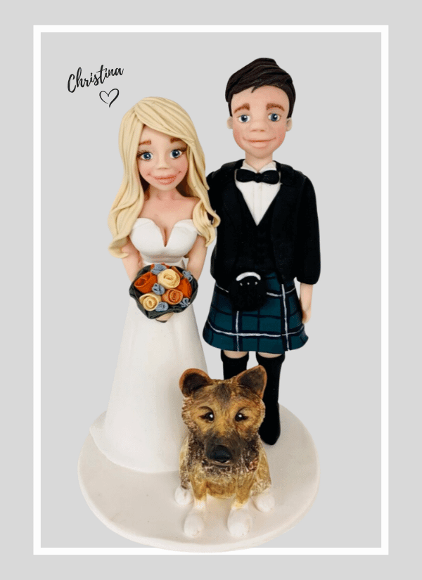 Bride and groom personalised wedding cake topper figurine and pet dog